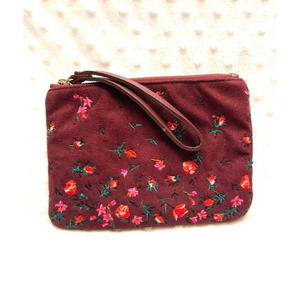 Old Navy Burgundy Embroidered Floral Faux Suede Wristlet
